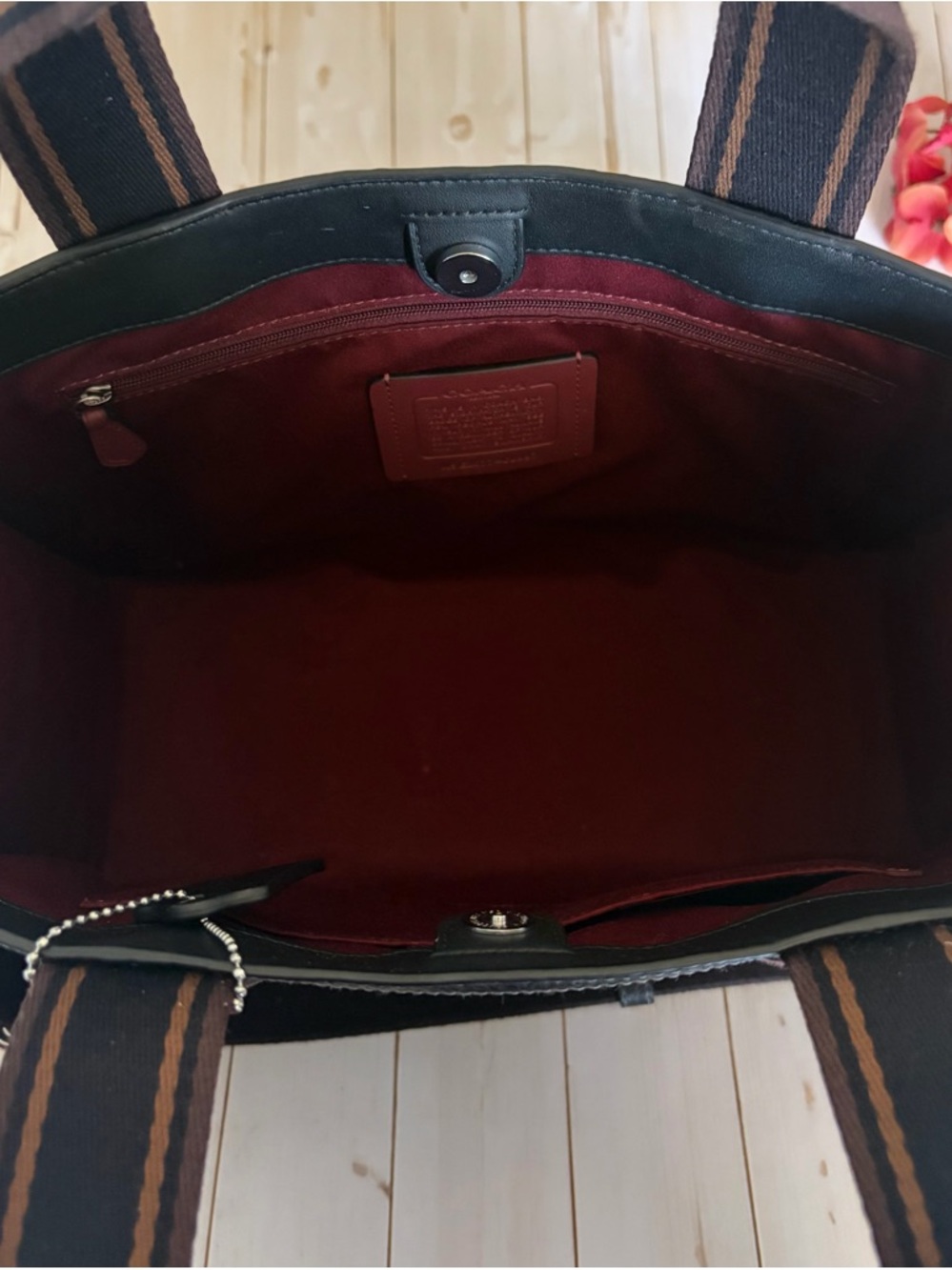Coach Black Leather Tote with Brown and Red Logo Web Straps - Picture 8 of 10
